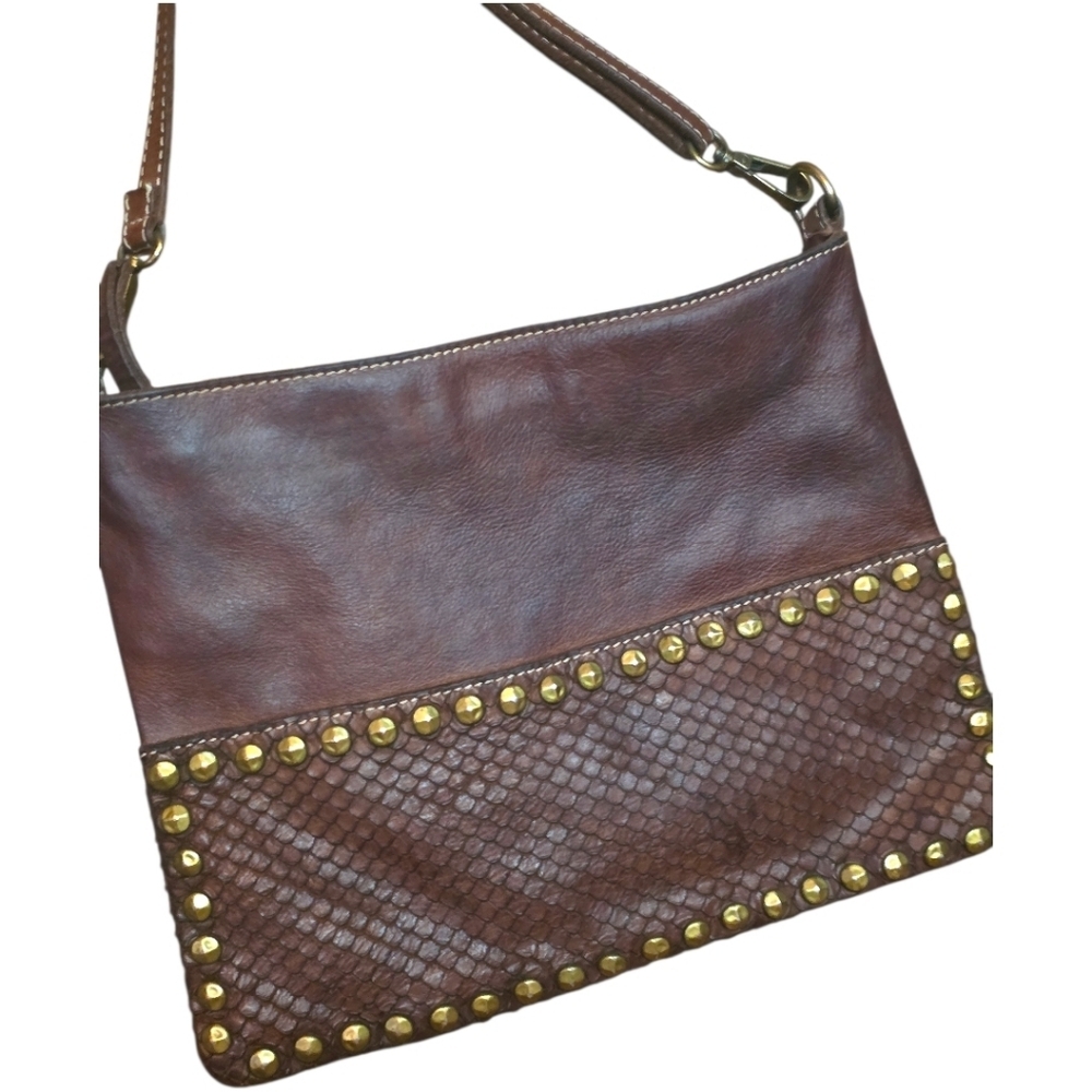 Caterina Ratti Rare Italian Tooled Leather Crossbody Bag Studded Python Panel Ma - Picture 3 of 6